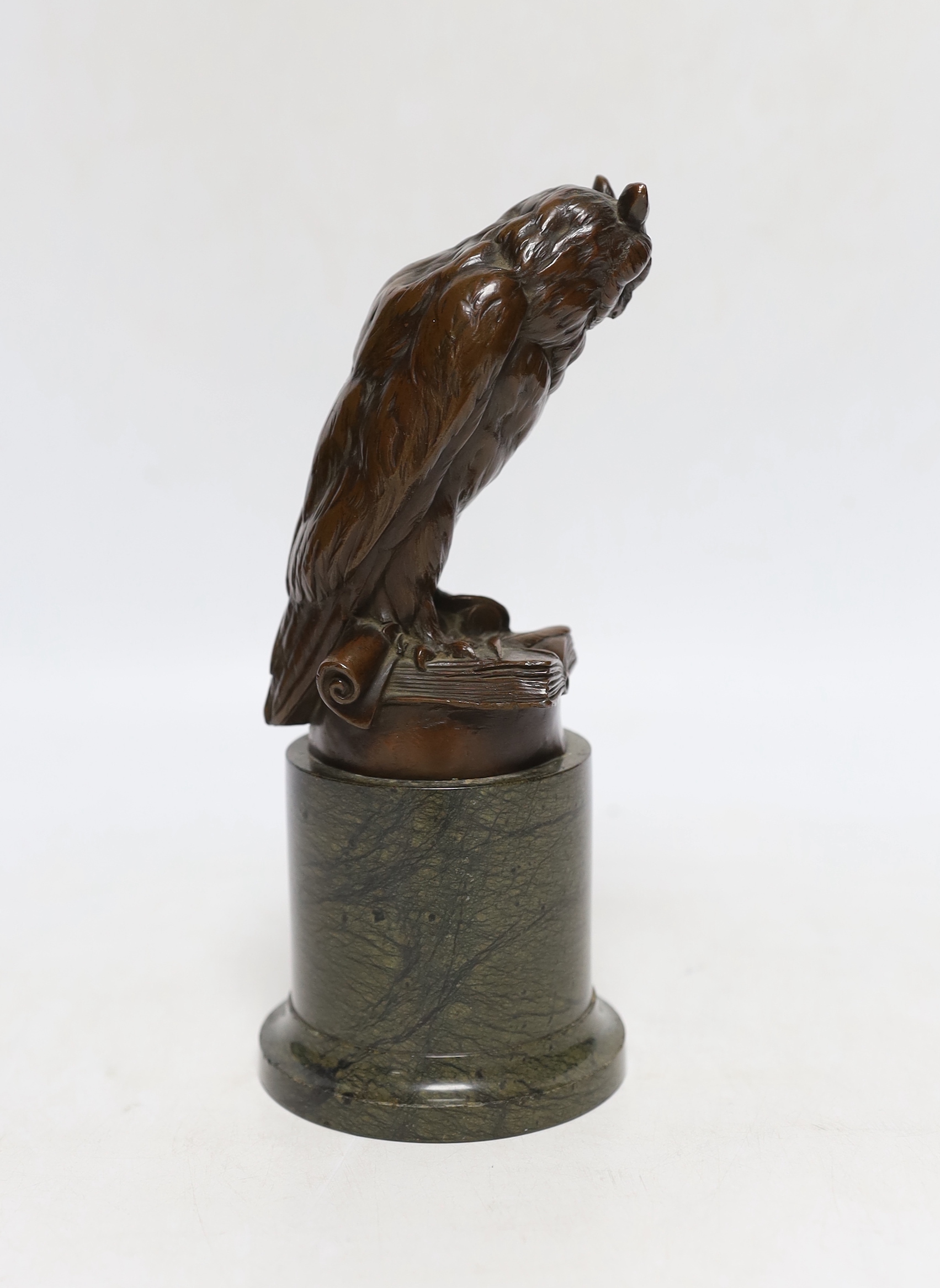 After Gustav Grohe (1829-1906), a bronzed spelter model of a ‘wise owl’, on marble plinth, 19cm